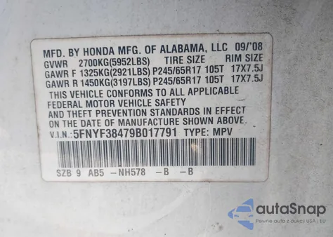 2009 Honda Pilot Ex из США, поврежденный, VIN 5FNYF38479B017791